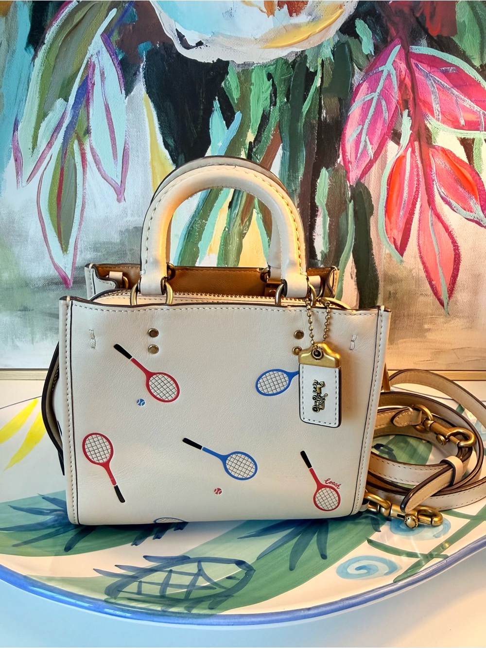 Preowned Rare COACH Rogue 17 with Tennis Racquet Print in Ivory C3871 🎾